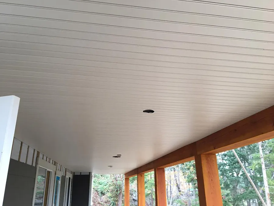 Fresh soffit over a covered patio — Mid Island Gutters, Parksville BC